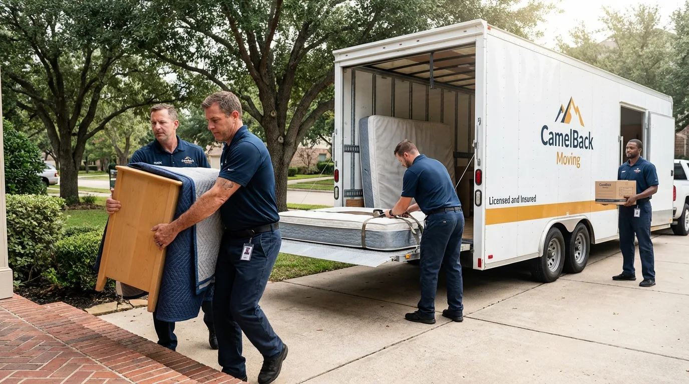 Crew loading residential truck for cross-state move from Greenville, TX
