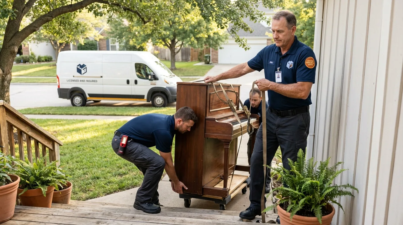 Licensed piano movers securing grand piano in Greenville, TX