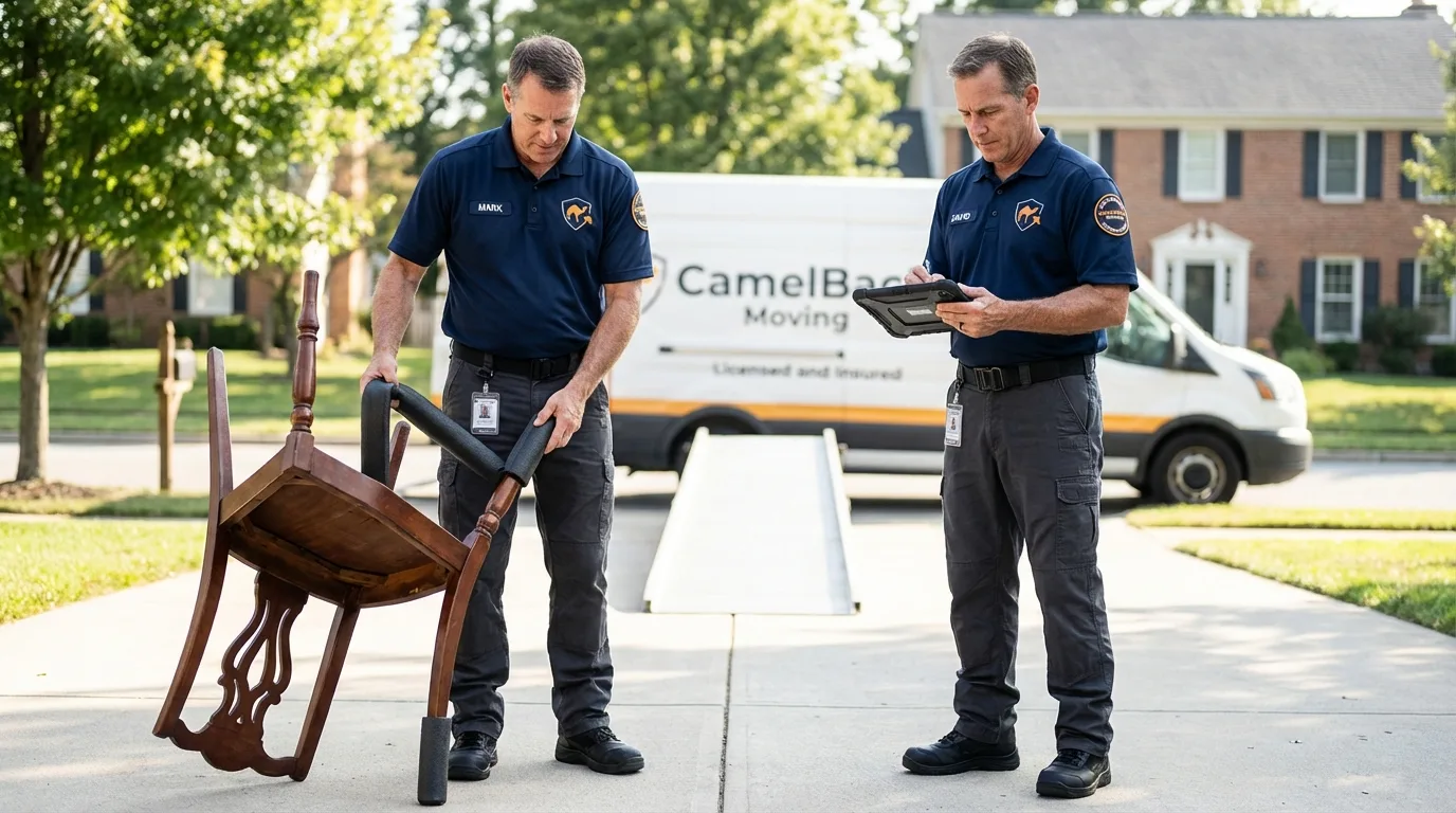 Movers inspecting furniture for damage prevention before loading in Greenville, TX