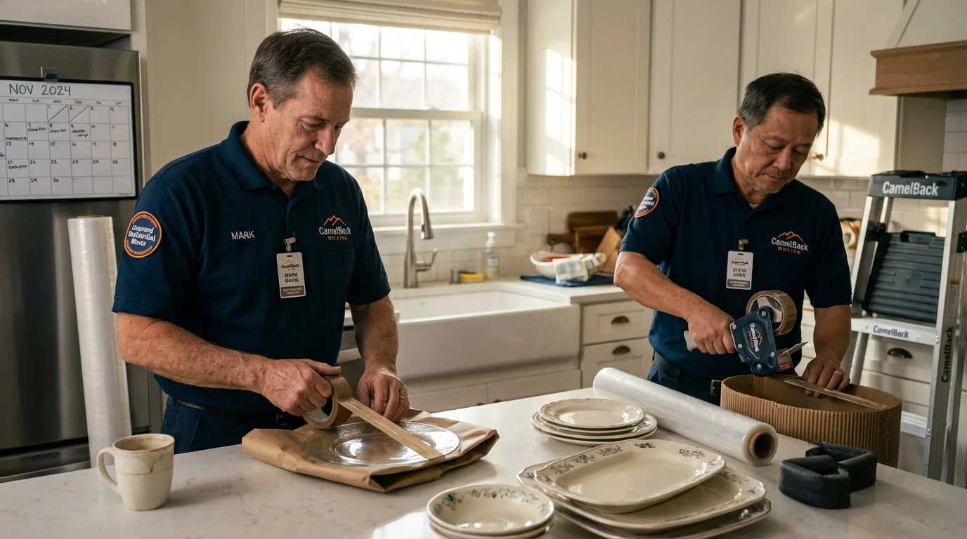 Professional crew packing kitchen dishware in Greenville, TX